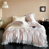Qfdian Romantic Lace Princess Wedding Bedding Set 1000TC Lyocell Cotton Soft Silky Duvet Cover Bed Sheet/Fitted Sheet Pillowcases 4Pcs