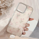 Qfdian Ins gilding flower back cover for iphone 14 15 13 pro max 16 promax cartoon tulips shiny phone case