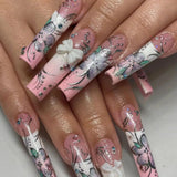 Qfdian  24Pcs Long Coffin False Nails Pink French Flowers Design Fake Nail with Butterfly Rhinestone Wearable Ballet Press on Nails