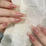 Qfdian 24pcs Simple Almond False Nails Sets Blush Design Press on Nails Art Datachable Short Oval Fake Nail with Jelly Glue Manicure