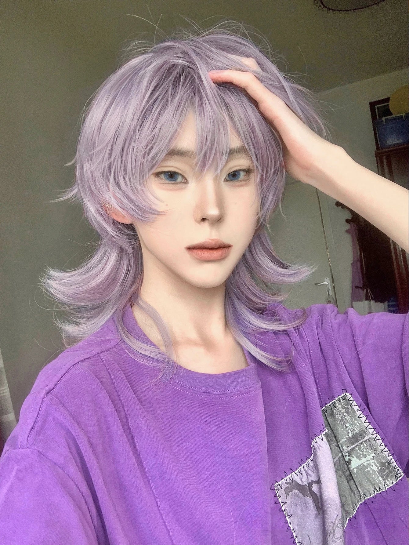 Qfdian 16Inch Purple Pink Color Handsome Synthetic Wig With Bang Medium Natural Wavy Hair Wig for Man or Women Cosplay Heat Resistant