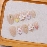 Qfdian  10pcs 3D Flower Handmade Press on Nails Short Almond False Nails Shiny Cat Eye Stick on Nail Metal Bowknot Delicate Nails Pink