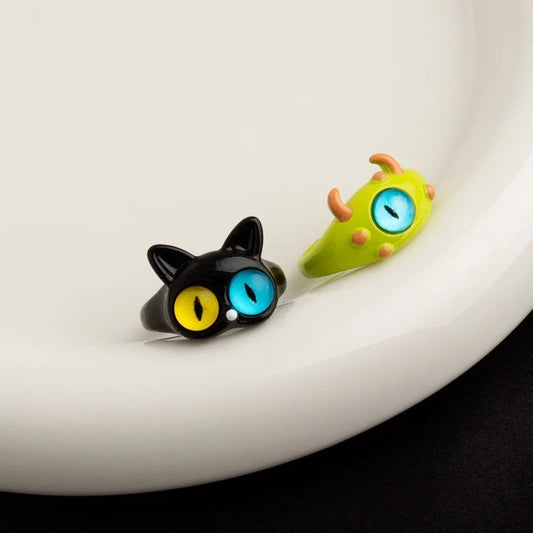 Cute Green Monster Ring For Women Fashion Sweet Two Color Cat Eyes Open Couple Ring Wedding Finger Accessories New Jewelry