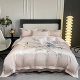 Qfdian 4Pcs New Chinese Style Landscape Embroidery Luxury Bedding Set Silky Duvet Cover Set Soft Quilt Cover Set Bed Sheet Pillowcases