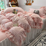 Qfdian Ins Princess Bedding Set Latticed Simple Elegant Skirt Bed Sheet Set With 2 Pillowcases Queen Size For Women Teens Bedcloths