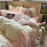 Qfdian Korean Bedding Set Luxury Quilt Cover Pillowcase Flat Bed Sheet Skirt Fitted Sheet Girl Princess Ruffle Home Textile Christmas