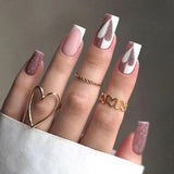 Qfdian 24Pcs Mid-length Ballet False Nails with White Wave Line Design Pink French Press on Nails Wearable Coffin Full Cover Fake Nail