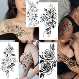 Qfdian  Waterproof Temporary Tattoo Sticker Flowers Roses Lilies Peonies Geometric Patterns Body Art Arm Fake Tattoos Sleeve Women Men
