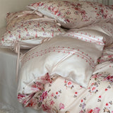 Qfdian  Vintage French Floral Lyocell Bedding Set with Bow Ties, Silky Soft Cooling Bed Linen Set, Pink Flower Print for Girls Bedroom