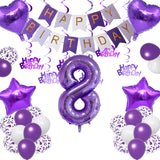 Qfdian  Purple White Foil Birthday Number Decorations Happy Birthday Banner Purple Happy Birthday Swirls Foil Heart Star Latex Balloons