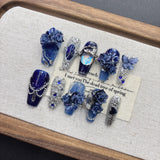 Qfdian  Deep Blue Dream Court Press On Nails 3D Rose Iridescent Rhinestone Flexible Resin Multiple Sizes Ideal for Court Outfits Dinners