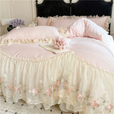 Qfdian  4Pcs Princess Wedding Bedding Set Korean Style Lace Flowers Embroidery Duvet Cover Bed Sheet/Fitted Sheet/Bed Skirt Pillowcases