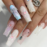 Qfdian 24Pcs Extra Long Square Fake Nail with Glue 3D Little Bear Bow Design False Nails White French Press on Nails Wearable Manicure
