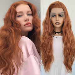 Qfdian 13X4 Ginger Orange Long Curly Synthetic Lace Front Wig Natural Wavy Auburn Brown Colored Hair Lace Frontal Wig for Women Party