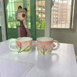 Qfdian Creative Pink Cub Relief Tulip Flower Ceramic Coffee Cup Girl Gift Flower Mug Office Teacup Breakfast Milk Mug Home Decoration
