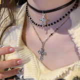Qfdian  Gothic Punk Y2K Metal Cross Pendant Necklace For Women Men Lovers Vintage Multi Layer Bead Necklaces 90s EMO Charm Jewelry Gift