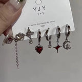 Qfdian  Goth Trendy Red Crystal Star Earring Set For Women Men Vintage Aesthetic Heart Pentagram Pendant Earring Y2K Jewelry Accessories