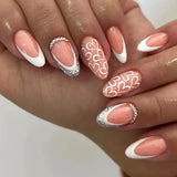 Qfdian  24Pcs Solid Color Grey Almond Fake Nail Cat's Eye Design Wearable Round Head False Nails with Shiny Powder Press on Nails