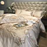 Qfdian Royal Golden Embroidery European Palace Luxury Bedding Set Champagne Brocade Egyptian Cotton Duvet Cover Bed Sheet Pillowcases
