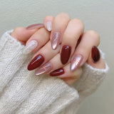 Qfdian  24pcs Glossy Red Cat's Eye Press On Nails Full Cover Nude Color Wearable Almond False Nails Charms Detachable Fake Nail For Girl