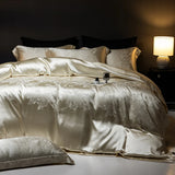 Qfdian 4Pcs Champagne Silk Damask Jacquard Egyptian Cotton Patchwork Luxury Bedding Set Duvet Cover Flat/Fitted Bed Sheet Pillowcases