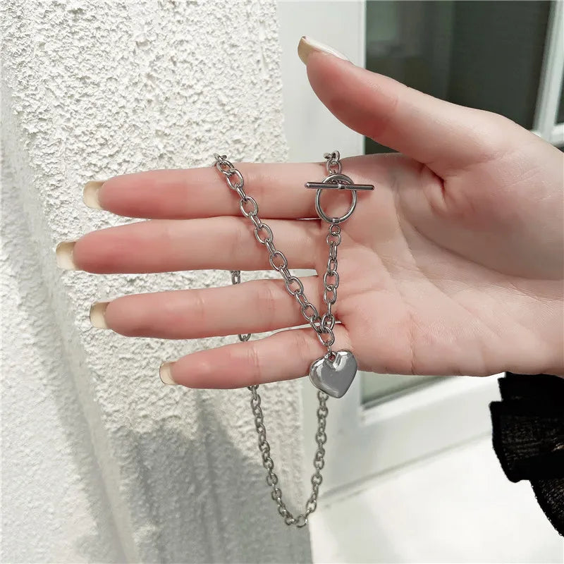 Punk Thick Lock Chain Heart Shape Pendant Choker Necklace for Women Retro Silver Color Metal Neck Chain Female Jewelry Gift