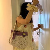 Qfdian Y2k Aesthetic Chic Flower Print Shoulder Bags Women Contrast Color Sweet Kawaii Dot Underarm Bag Fashion Cute Purse and Handbags