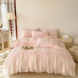 Qfdian  Korean Princess Style Lace Ruffles Rose Embroidery Wedding Bedding Set Duvet Cover Set Flat/Fitted Bed Sheet Pillowcases 4Pcs