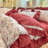 Qfdian  Korean Style Floral Double Gauze Bedding Set 3pcs/4pcs Soft Breathable Cotton Duvet Cover Sheet Girly Dorm Home Textile