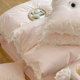 Qfdian 1000TC Egyptian Cotton Romantic Lace Edge Princess Wedding Pink 4/7Pcs Bedding Set Duvet Cover Flat/Fitted Bed Sheet Pillowcases