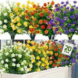 Qfdian 20 Bundles Outdoor Artificial Flowers Plants Decoration UV Resistant Plastic Flowers for Outside Faux Plants for Home Decor