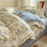 Qfdian Princess Style Lace Ruffles 100% Cotton Bedding Set Floral Pastoral Style Duvet Cover Flat/Fitted Bed Sheet Pillowcases 3/4Pcs
