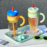 Qfdian  1100ML Large Capacity Plastic Straw Cup Summer Simple Office Ice Cup Water Bottle With Handle Portable Leak-proof Water Cup