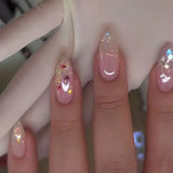Qfdian  24Pcs Mid-length Almond Ballet False Nails Simple Cat Eye Design Press on Fake Nail Wearable Full Cover Nail Tips Manicure Tools