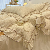 Qfdian 2/3Pc Korean Princess Style Floral Ruffles Bedding Set Single Queen Size Soft Skin-friendly Washed Cotton Duvet Cover Pillowcase