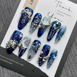 Qfdian 10Pcs High Quality Handmade Press on Nails Simple And Elegant  Royal Blue Depth Gentle And Graceful  Stick-on Nail Art Retro