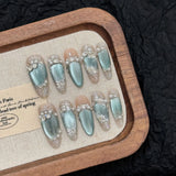 Qfdian  10pcs Handmade Press On Nails Glossy Magic Mirror Pink Cat's Eye Fake Nail Hand-painted Exquisite Flower Charm Almond False Nail