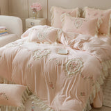 Qfdian 4Pcs Korean Princess Style Bedding Set Rose Flowers Embroidery French Lace Ruffles Milk Velvet Duvet Cover Bed Sheet Pillowcases