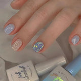 Qfdian 24Pcs Simple False Nails with Glue Short Almond Fake Nails Glitter Aurora Round Head Full Cover Nail Tips Oval Press on Nails