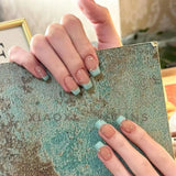 Qfdian 10pcs Handmade French False Nails Short Fake Nails Press on Blue Edge Design Wearable Simple Ins Nail Manicure Nail Tips