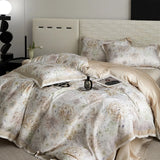 Qfdian Floral Plant Print Color Blocking Bedding Set Lyocell Bamboo Fiber Soft Silky Duvet Cover Flat/Fitted Bed Sheet Pillowcases 4Pcs