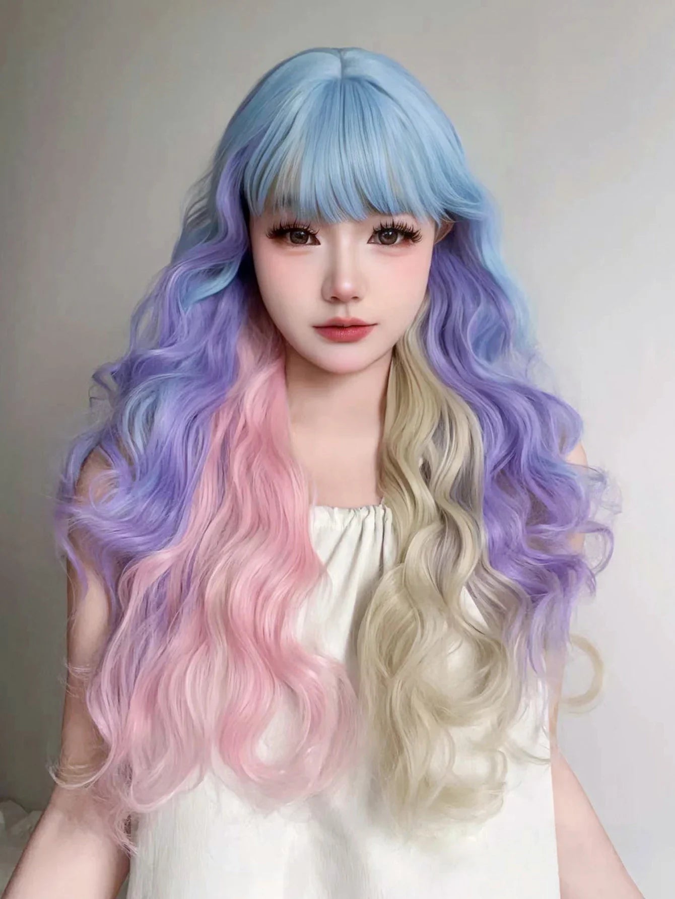 Qfdian 28Inch Blue Pink Purple Blonde Mix Color Synthetic Magic Wigs With Bang Long Natural Wavy Hair Wig For Women Cos Heat Resistant