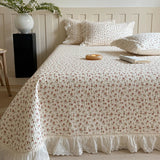 Qfdian 3/5Pcs Rose Floral Print Lace Ruffles Quilted Bedspread, Bed Cover, Mattress Topper Coverlet, Bed Sheet, With Pillowcases