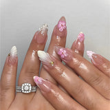 Qfdian  24Pcs Mid-length 3D Flowers Design Fingertips Sweet Butterfly Yellow Ripple Almond False Nails Detachable Full Cover Press Ons