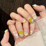Qfdian  10pcs Handmade Kawaii Cute Gradient Press On Nails 3D Bows Decor Wearable Yellow French Crystal Cat's Eye False Nails For Women