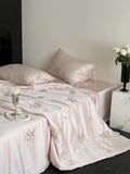 Qfdian 60S Lyocell Bamboo Fiber Flower Embroidery Summer Quilt Bedding Set Soft Silky Thin Comforter Blanket With Bed Sheet Pillowcases