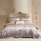 Qfdian Flower Jacquard Color Blocking Luxury Bedding Set Lyocell Cotton Soft Silky Duvet Cover Flat/Fitted Bed Sheet Pillowcases 4Pcs