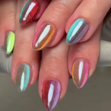 Qfdian  24pcs Glossy Red Cat's Eye Press On Nails Full Cover Nude Color Wearable Almond False Nails Charms Detachable Fake Nail For Girl