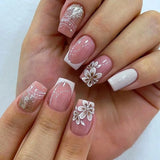 Qfdian  24Pcs Short Square Coffin False Nails Square Fake Nails with Glue French Glitter Wearable Acrylic Nails Set Press on Nail Tips