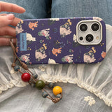 Qfdian Ins floral cat cute leather cover for iphone 15pro 16Pro 14promax 13promax 14 13 15 16 pro max colorful chain rope phone case